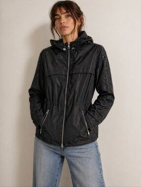 KARL LAGERFELD BLACK LIGHTWEIGHT JACKET LOGO SLEEVE ZIP HOOD WINDBREAKER